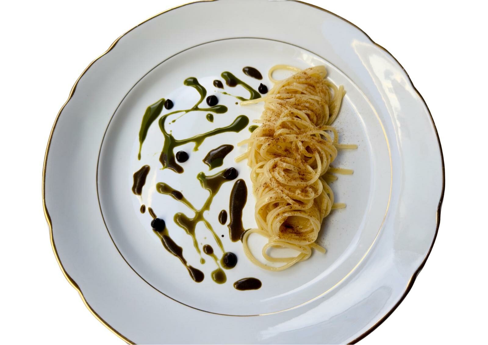 Linguine al Bronzo Barilla, burro di manzo affumicato, erbe amare e aglio nero di Roberto Mastrocola